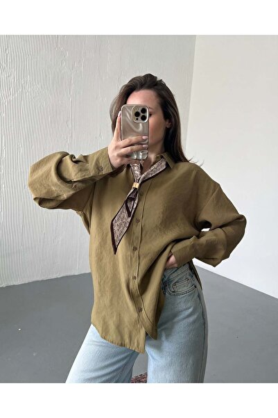 FERZOLAİO Retro Oversized Khaki Shirt with Scarf