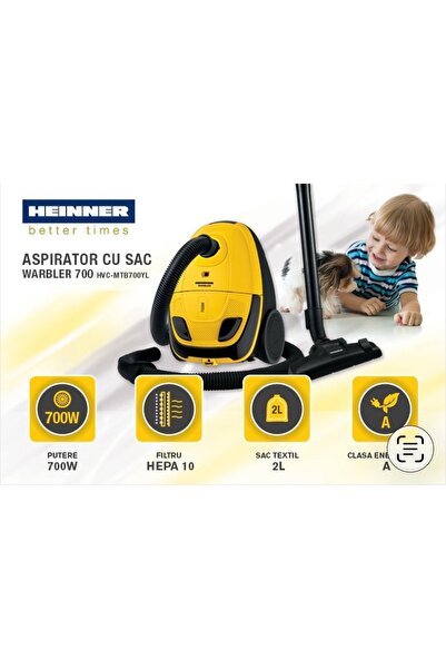 GIA'S WORLD Aspirator cu sac Heinner HVC-MTB700YL 700W filtru Hepa 10 Galben