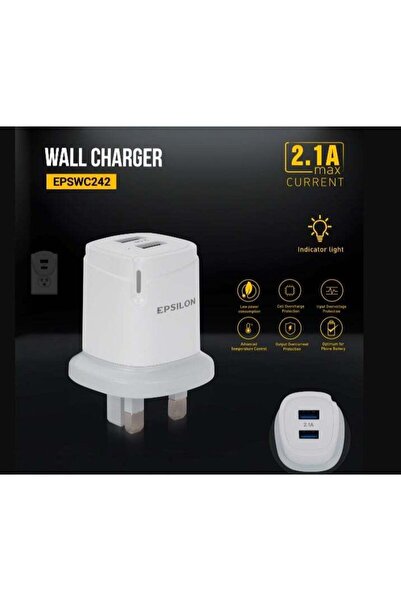 EPSİLON Wall Charger- Dual USB Ports, 2.1A Max Current/ Smart Charging with P...