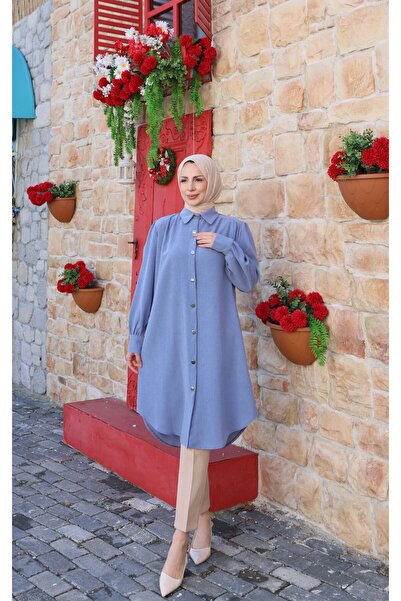 HNT Hayrunnisa Tesettür Uzun Düğmeli Tunik Mavi HNT8533