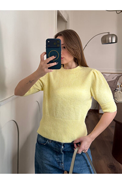 FERZOLAİO Elastic Waist Half Sleeve Yellow Soft Sweater