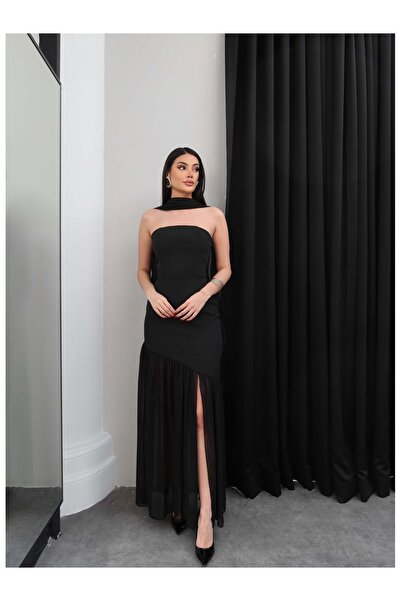 ESRAHELVACI Tül Detaylı Asimetrik Straplez Elbise