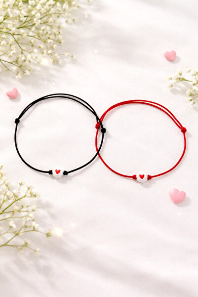 Crystal Atelier Kırmızı Siyah İpli Kader Bağı Çift Bileklik Kalp Boncuklu Sev...