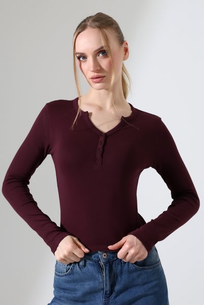 Endies Bluză cu nasturi, decolteu în V, mânecă lungă, bumbac piese, pentru femei basic tricou 21926 MÜRDÜM