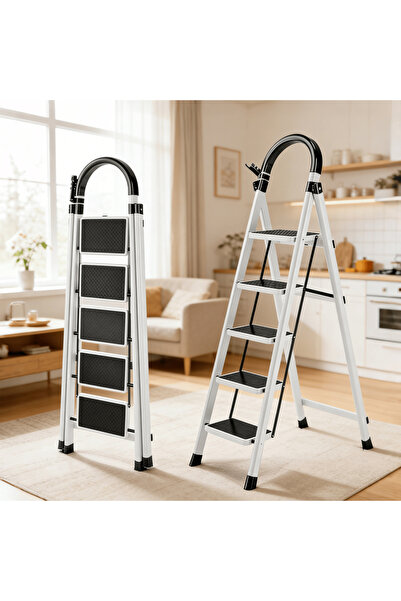 BESTONE سلم قابل للطي بخمس درجات، كرسي سلم فولاذي متين بدواسات مانع للانزلاق ...