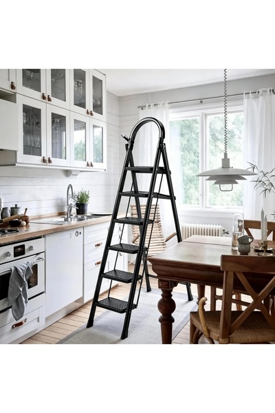 BESTONE سلم قابل للطي بست درجات، كرسي فولاذي قابل للطي بدواسات عريضة مانعة لل...