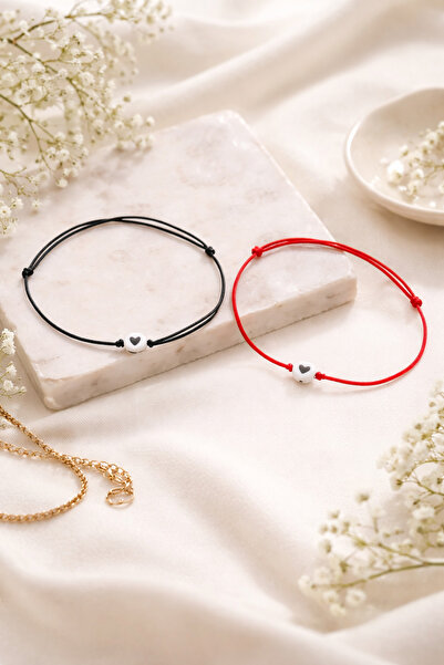 Crystal Atelier Kırmızı Siyah İpli Kader Bağı Çift Bileklik Kalp Boncuklu Sev...