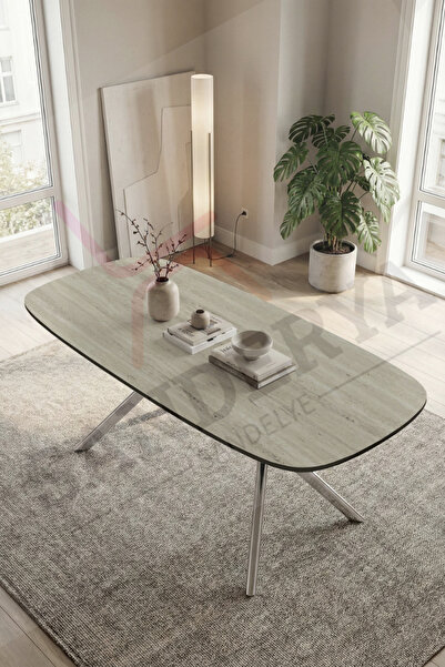 SANDERYA Nova Serisi Sabit Krom Ayaklı Traverten 85x170 Mutfak Salon Masası