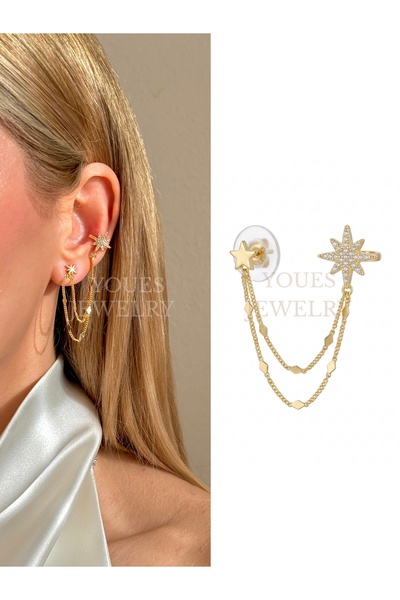 YOUES JEWELRY Kutup Yıldızı 14K Altın Renk Zincir Detaylı Ear Cuff Kadın Küpe...