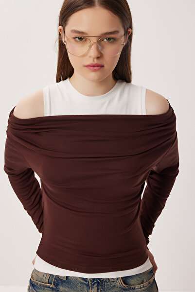 Lovelyİstanbul Open-Shoulder Athlete Knitted Blouse Lax0009 Brown