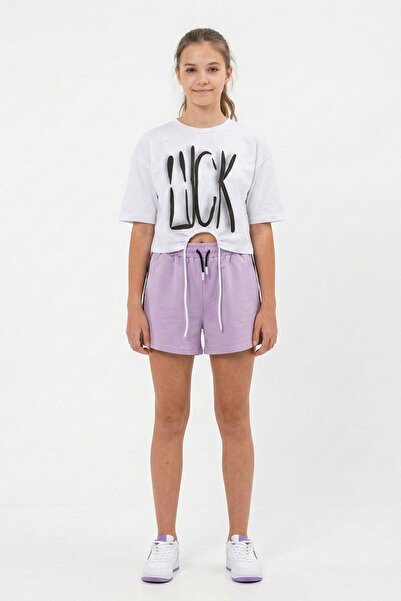 NEWKİDS Cropped Printed T-Shirt with Side Stripes 100% Cotton Shorts Girls' Set