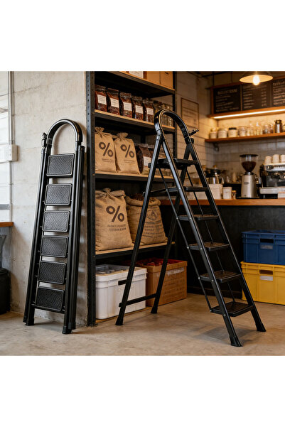 BESTONE 180cm White Foldable 6-Step Steel Ladder, Wide Anti-Slip Pedals Stabl...