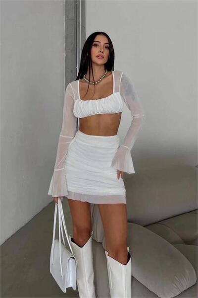 Dipmoda Women's Tulle Skirt Ruched Bottom Top Skirt Suit Dpely002