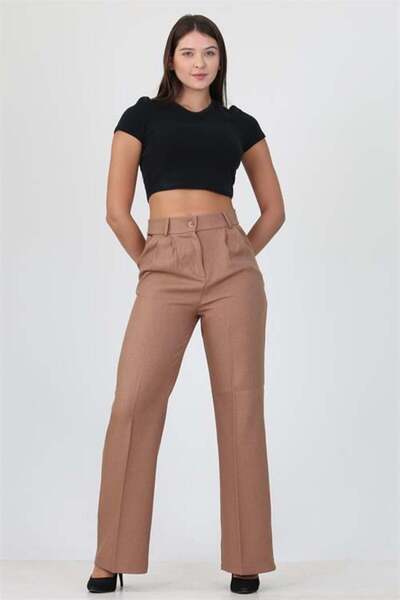 Dipmoda Pantaloni de damă din țesătură camel talie înaltă cu buzunare palazzo...