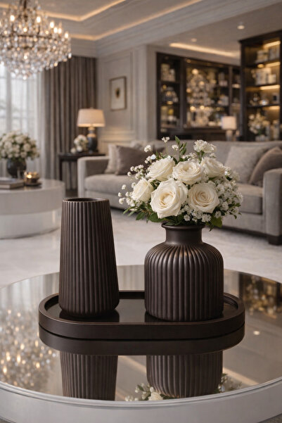 StoneVia Modern Kahverengi Dekoratif Vazo Seti – Tepsili 3’lü Salon & Orta Se...