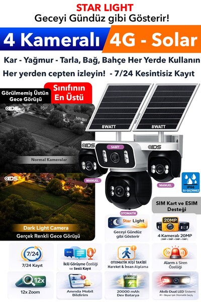 IDS 20MP 4 Kameralı Güneş Enerjili Solar 4G Güvenlik Kamerası - StartLight Üs...