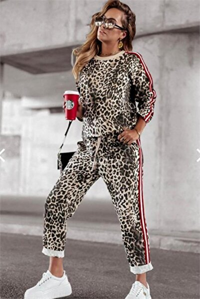 Dipmoda Women's Leopard Printed Piece Striped Detailed Set Dpasp7233