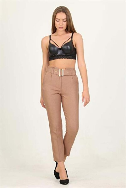 Dipmoda Pantaloni camel pentru femei, curea li talie înaltă morcov DPQNS033