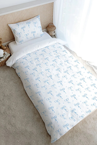 Tuğba Kuğu Single Duvet Cover Set (160X220) - Pureline Series - Blue Daint Bow