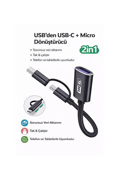 Coverzone USB OTG Adaptör USB to USB-C Micro USB Dönüştürücü Flash Disk Klavy...