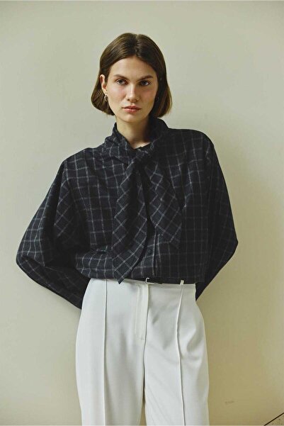 BE BLUE Dark Blue E Plaid Shirt with Scarf