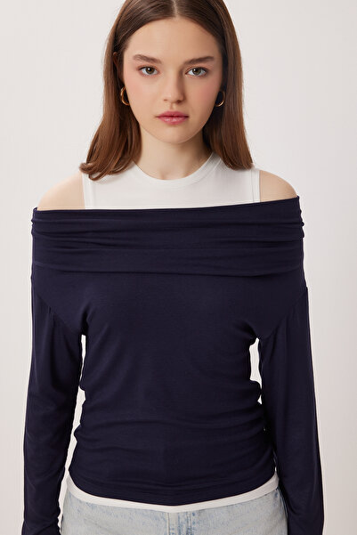 Lovelyİstanbul Bluză cu umeri decupați din material subțire LAX0009 ALBASTRU ...