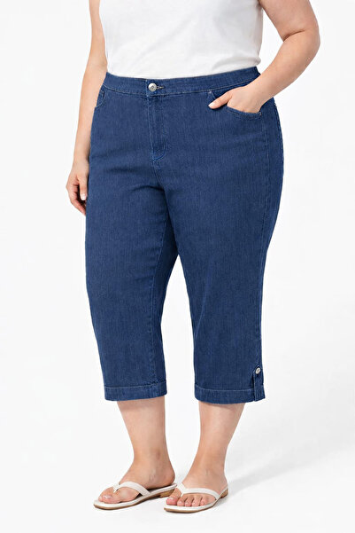 Lale Butik Plus Size Women's Below Knee Button Detail Jeans Capri 02 Navy Blue