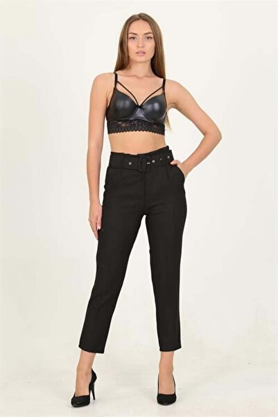 Dipmoda Women's Black Pocketed Belt Detail Fabric Pants Dpqns026