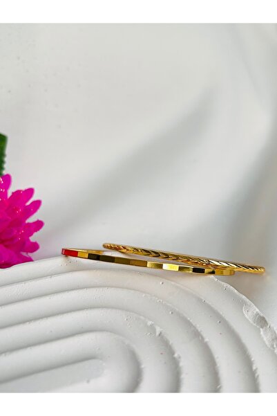 Roya Happiness Ajda Bilezik Set Altın Renk Oluklu Aynalı Başak Ajda 2 Adet Fi...