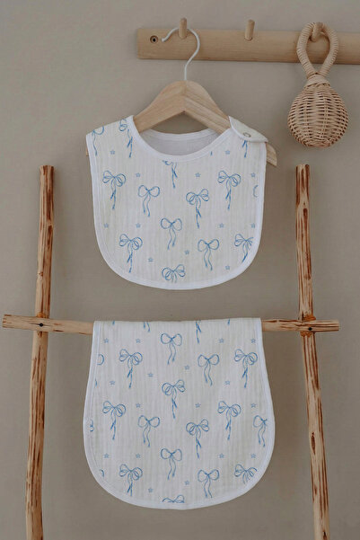 Tuğba Kuğu Müslin Önlük ve Omuz Bezi - Pureline Series - Blue Dainty Bow