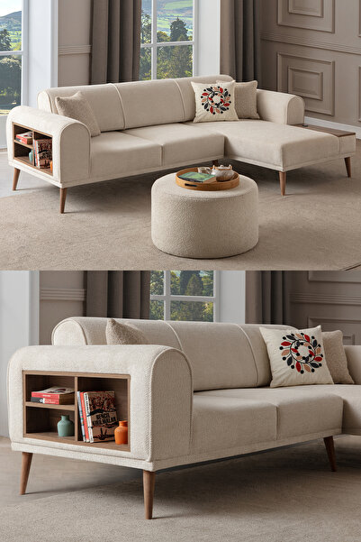 indes home Drog Köşe Koltuk Takımı Bukle Kumaş Krem Sağ Köşe