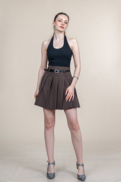 MissVina Stone Printed High Corseted Mini Skirt with Belt Layers 6878