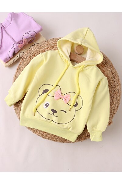 MiniKids Yellow sweatshirt, little girl teddy bear with bow