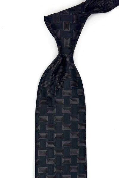 Kravatkolik Brown - Black Motif Pattern Classic Tie with Handkerchief Kk13645