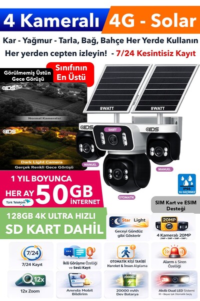 IDS 20MP 4 Kameralı Güneş Enerjili 4G Güvenlik Kamerası 600GB İnternet 128GB ...