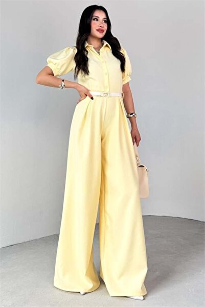 Dipmoda kadın gömlek yaka kemerli geniş paça tulum DPK4197