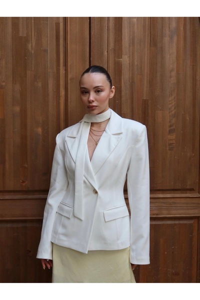 Zey Studio Kadın Beyaz Fular Detaylı Blazer Ceket