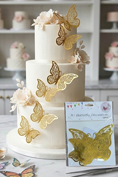 PASTRY PLANET Pasta Kelebek Süsü Gold 3 Boyutlu (12 Adet)