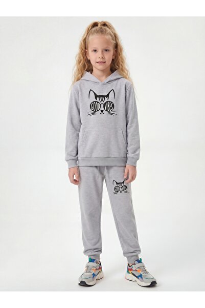 FYK KİDS Με τσέπη καγκουρό με κουκούλα Σετ φόρμας για κορίτσια με λεπτομέρεια...