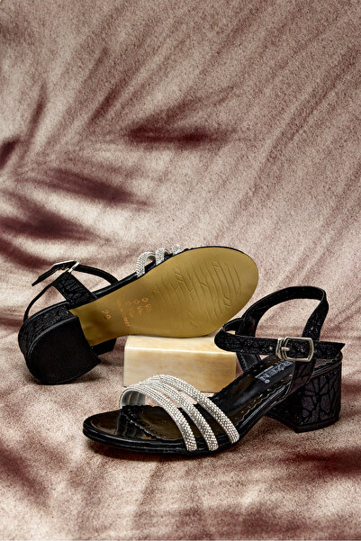 Tonny Black Girl's Black Glittery Children's Stone Heels Sandals