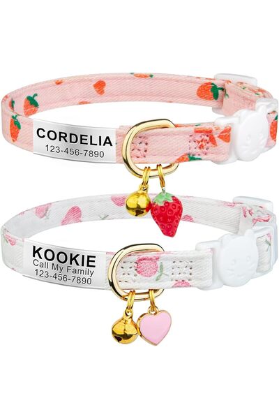 Arabest detachable cat collar,with name tag, pink strawberry and white heart-...