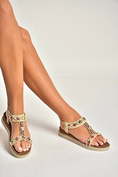 Fox Shoes Y274801409 Beige Flat Sole Piece Colorful Stone Detailed Women's Se...