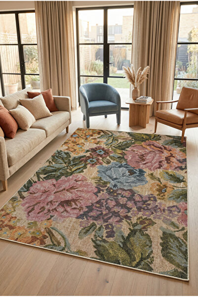 AIDA HOME Moles Çiçekli Şönil Doğal Pamuk Tabanlı Salon Halısı Kaymaz Yıkanab...