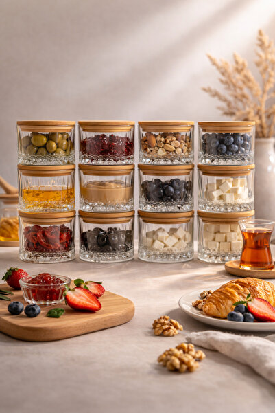 Fhilli Queen - 12-Piece Bamboo Vacuum Lid Glass Breakfast Snack Bowls 260 ml