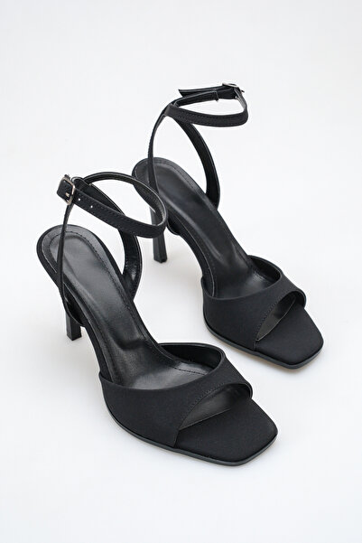 YADE MODA Черни сатенени дамски сандали с единична каишка и кръстосана лента