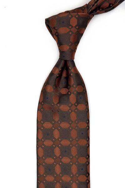 Kravatkolik Coffee - Classic Tie with Copper Motif Pattern Handkerchief Kk13600