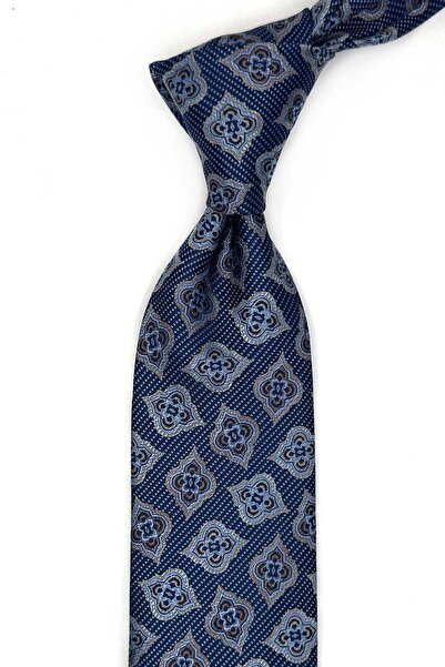 Kravatkolik Coffee - Blue Motif Pattern Classic Tie with Handkerchief Kk13613