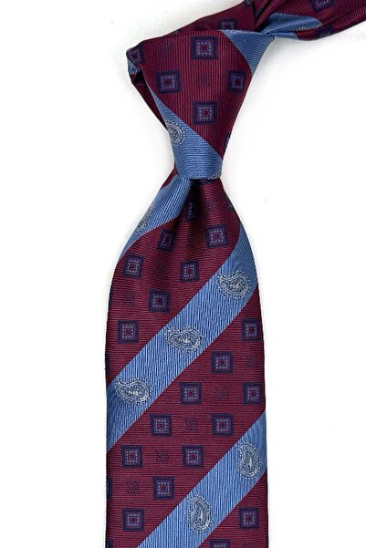Kravatkolik Burgundy - Classic Tie with Blue Line Pattern Handkerchief Kk13693