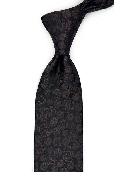 Kravatkolik Brown - Black Motif Pattern Classic Tie with Handkerchief Kk13691