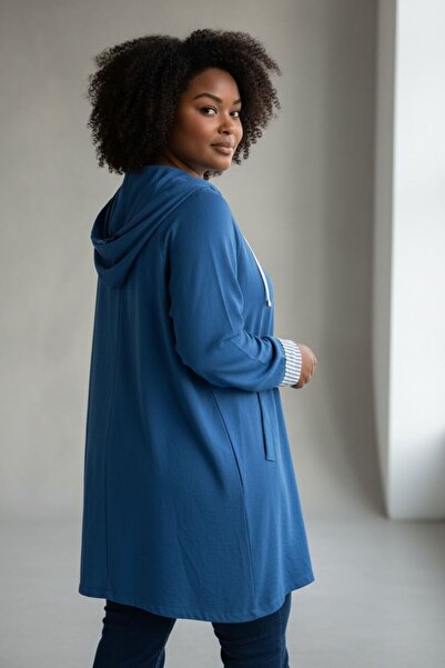 zhrcollection Plus Size Hooded Zippered 77 cm Long Shirt Tunic Blue Daily Comfortable Cut